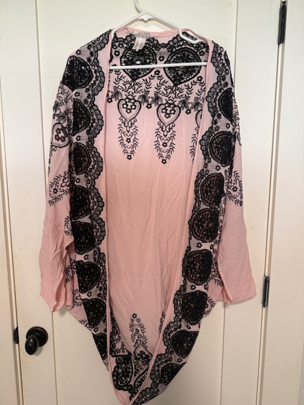 Free People pink cocoon kimono with black  embroidery accents
One size